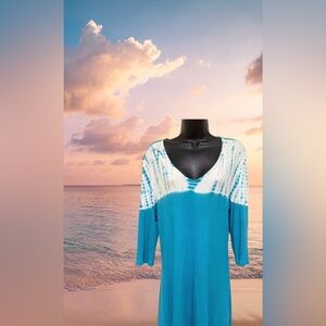 Blue and White Tie-Dye V-Neck Ribbed Mini Dress